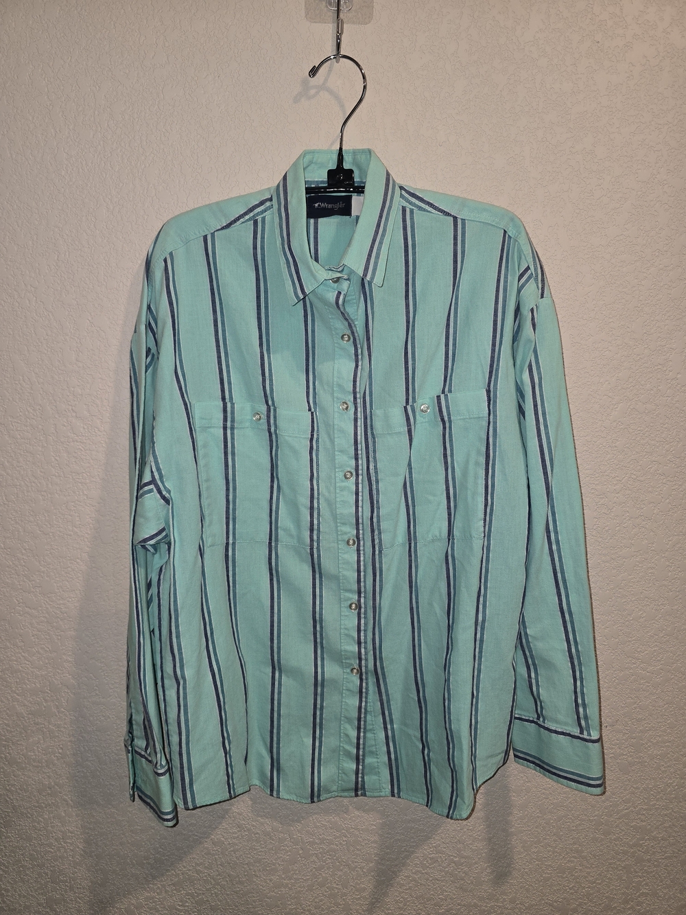 Vintage Wrangler Made in USA Men's Large Mint Green Striped Western Pearl Snap S